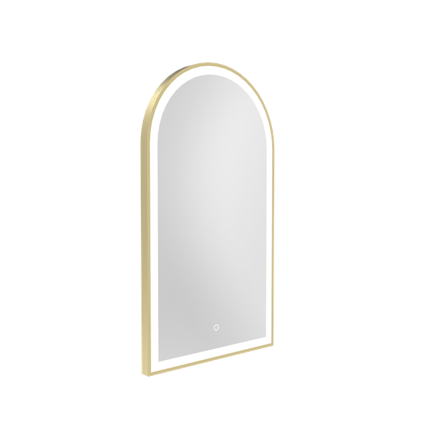 600 BROADWAY ARCH MIRROR WITH LED LIGHTING & DEMISTER WITH BRUSHED BRASS FRAME - 600W X 1000H