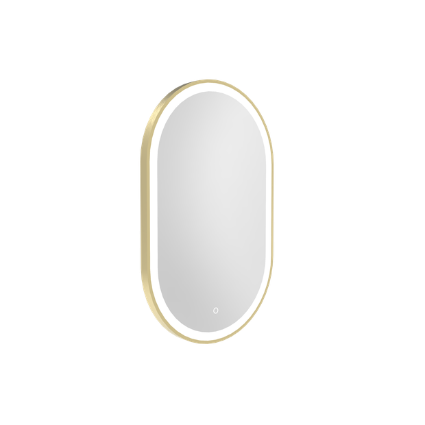 500 BROADWAY PILL MIRROR WITH LED LIGHTING & DEMISTER WITH BRUSHED BRASS FRAME - 500W X 800H