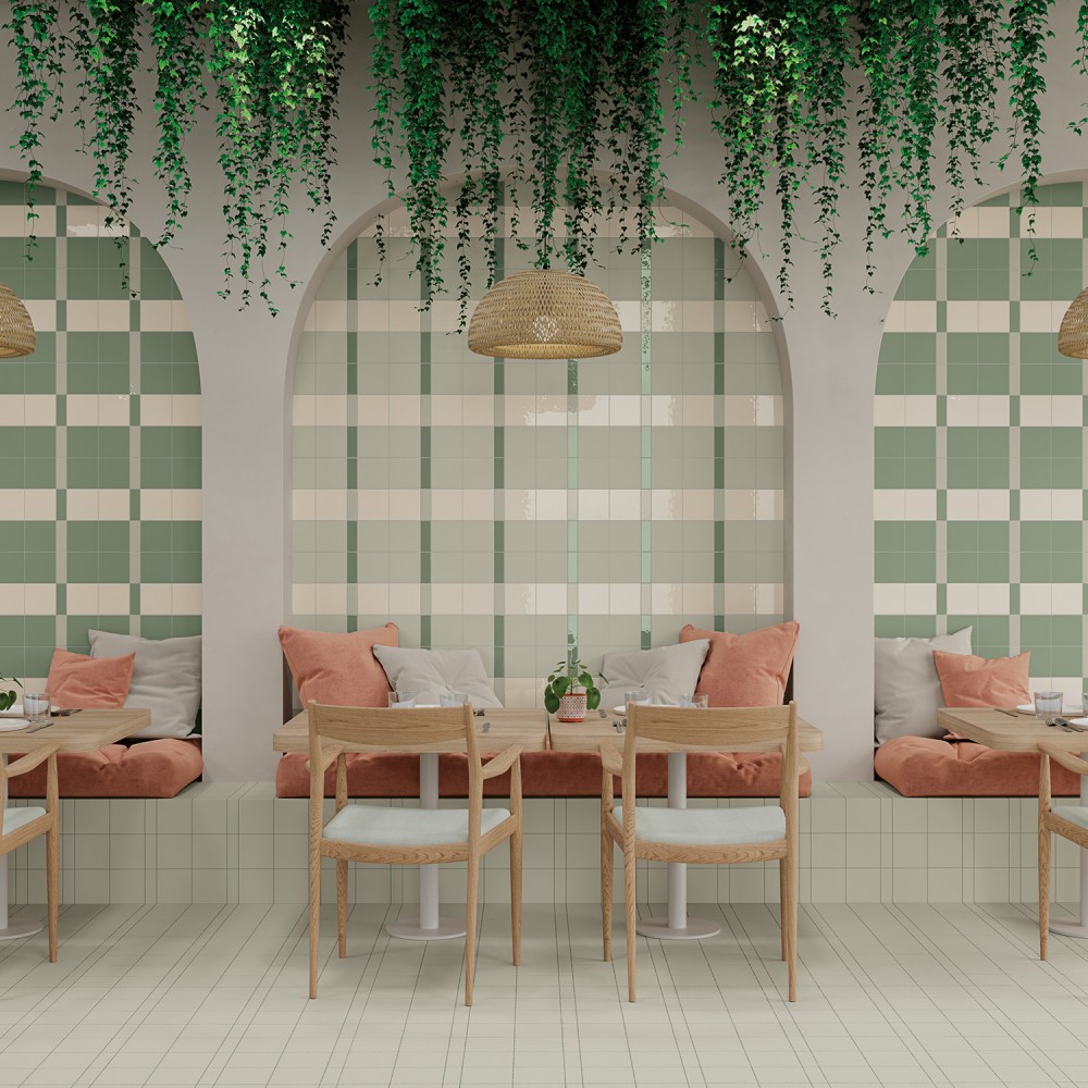 Bits Kale in Gloss on wall with Cloud and Tundra. All square formats not stocked.