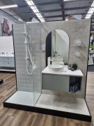 Celadon gloss on walls with matt on floor. Featured with Forever White 600x600mm