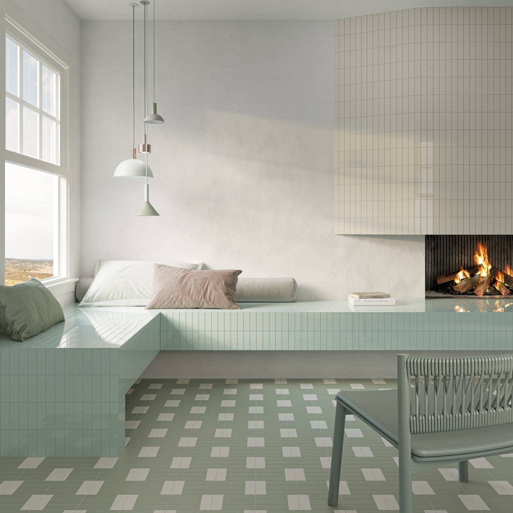 Bits Tundra and Celadon Gloss with Bits Kale and Tundra matt on floor