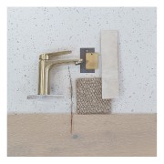 POLS White 600x600mm with Oak White 200x1200mm, Tribeca Oatmeal 60x246mm and
North Basin Mixer Brushed Brass (PVD)