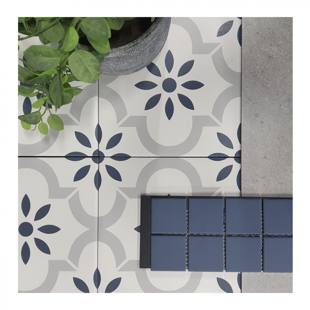 Artisan Deco Tres with Cordoba Pearl and Terra Deep Blue mosaic