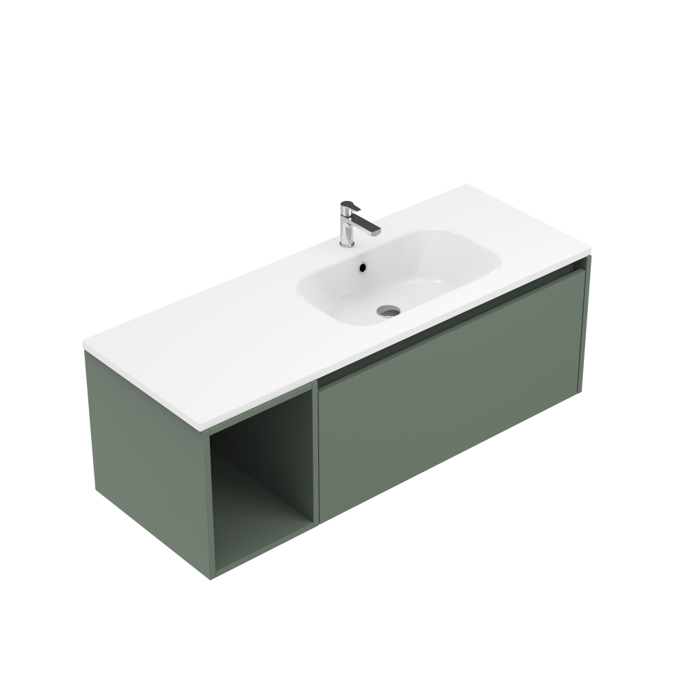 1200 Savanna Wall Hung Right Hand Offset Basin Vanity (1 Drawer, 1 Open Shelf Left) - Specify Colour