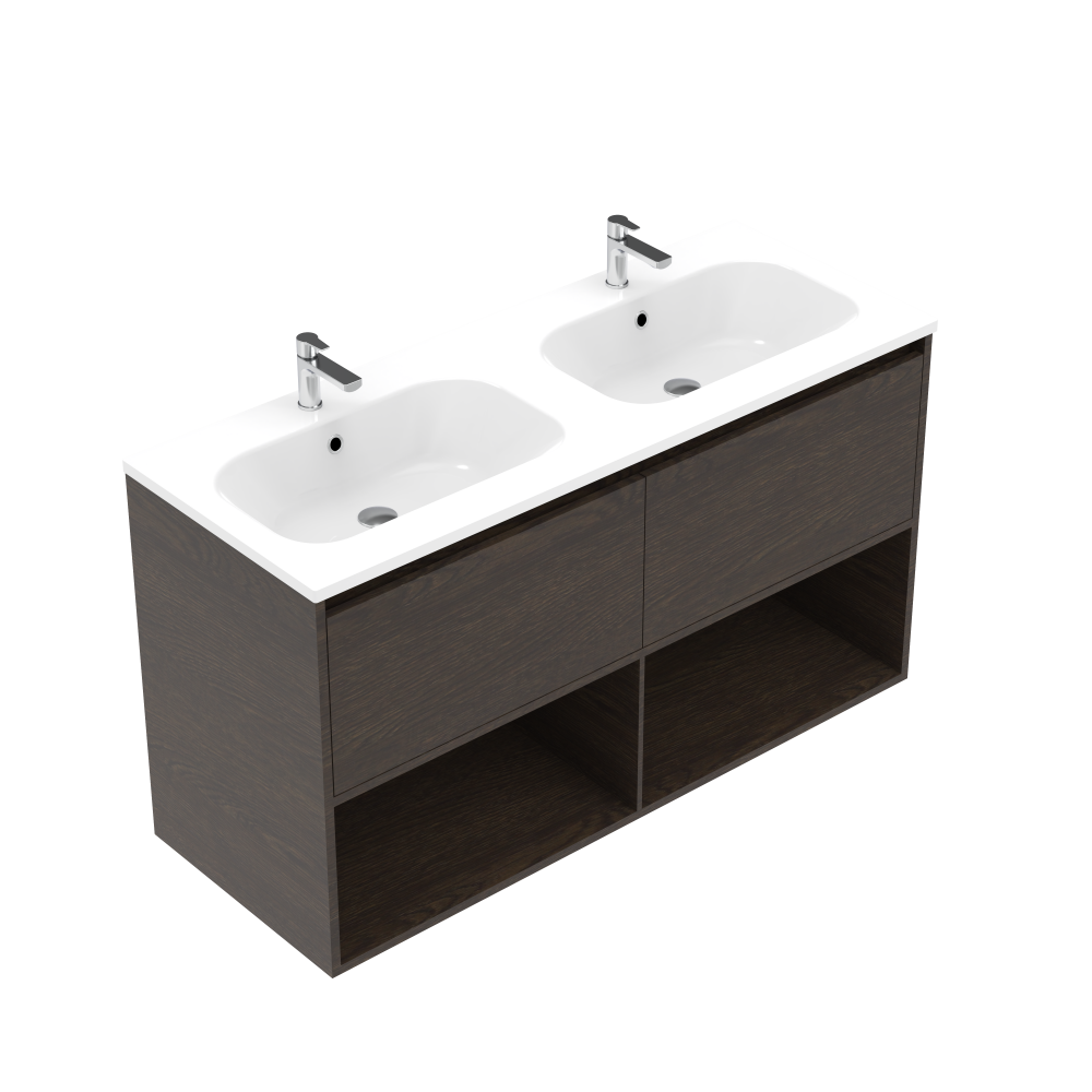 1200 Savanna Double Tier Wall Hung Double Basin Vanity (2 drawer, 2 open shelf) - Specify Colour & B