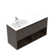 1200 Savanna Double Tier Wall Hung Left Hand Offset Basin Vanity (2 drawer, 2 open shelf) - Specify