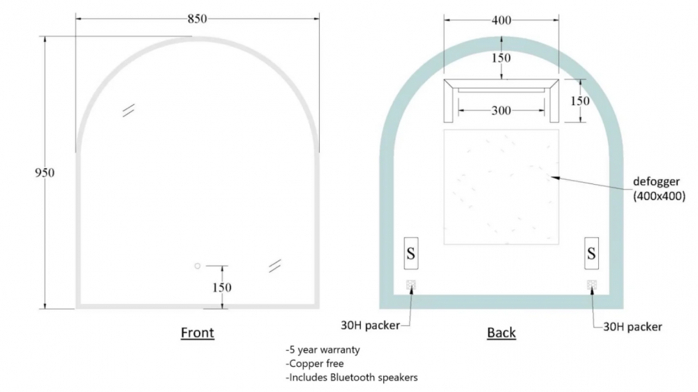 SOLACE LED TOUCH BUTTON DEMISTER MIRROR - ARCH - 850X950MM